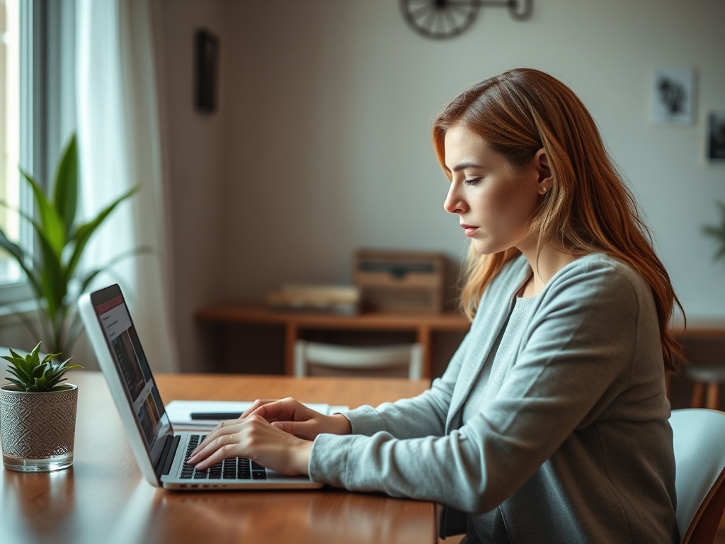 Женщина с длинными волосами сидит за столом, работая на ноутбуке в уютной обстановке с растением рядом.