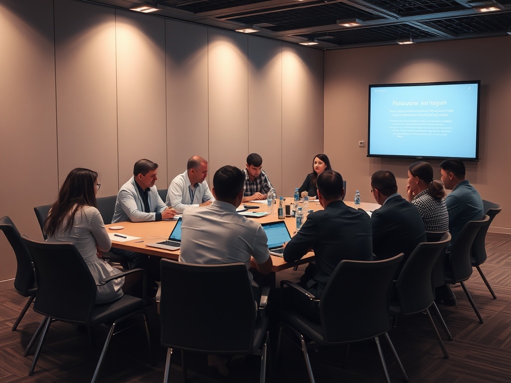 На заседании группы обсуждаются планы и стратегии. Участники сосредоточены на экране с информацией.