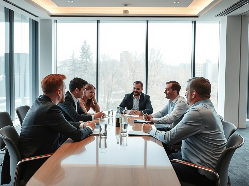 В конференц-зале несколько людей проводят деловую встречу за длинным столом. На столе вода и блокноты.