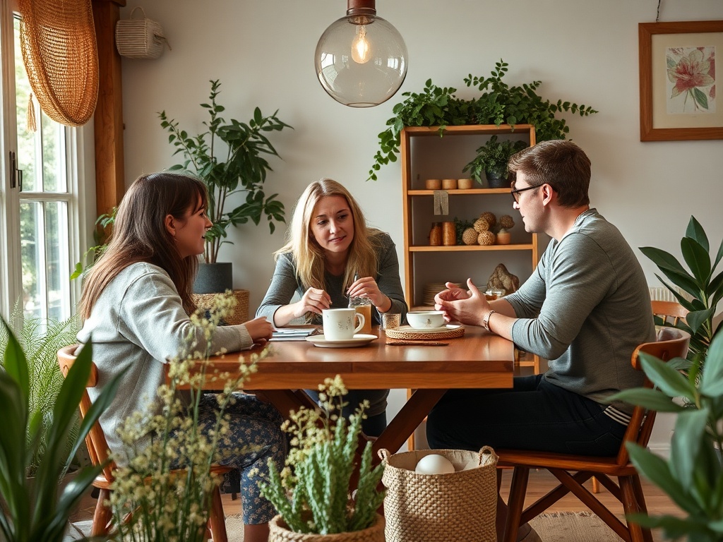 Трое друзей обсуждают что-то за столом, окружённые растениями в уютной обстановке.