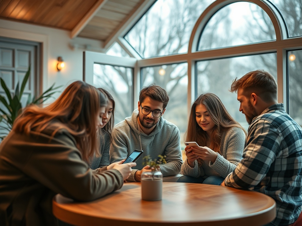 Группа молодых людей сидит за столом и смотрит на свои смартфоны в уютном пространстве.