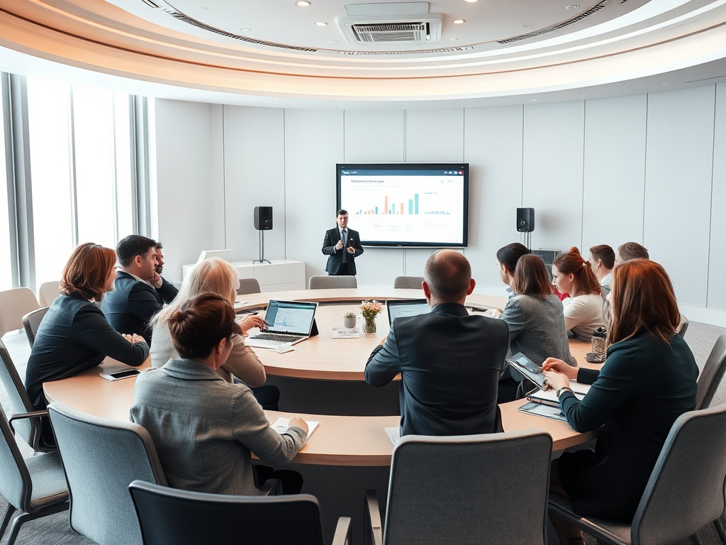 Совещание в конференц-зале; выступающий презентует графики на экране перед собравшимися.