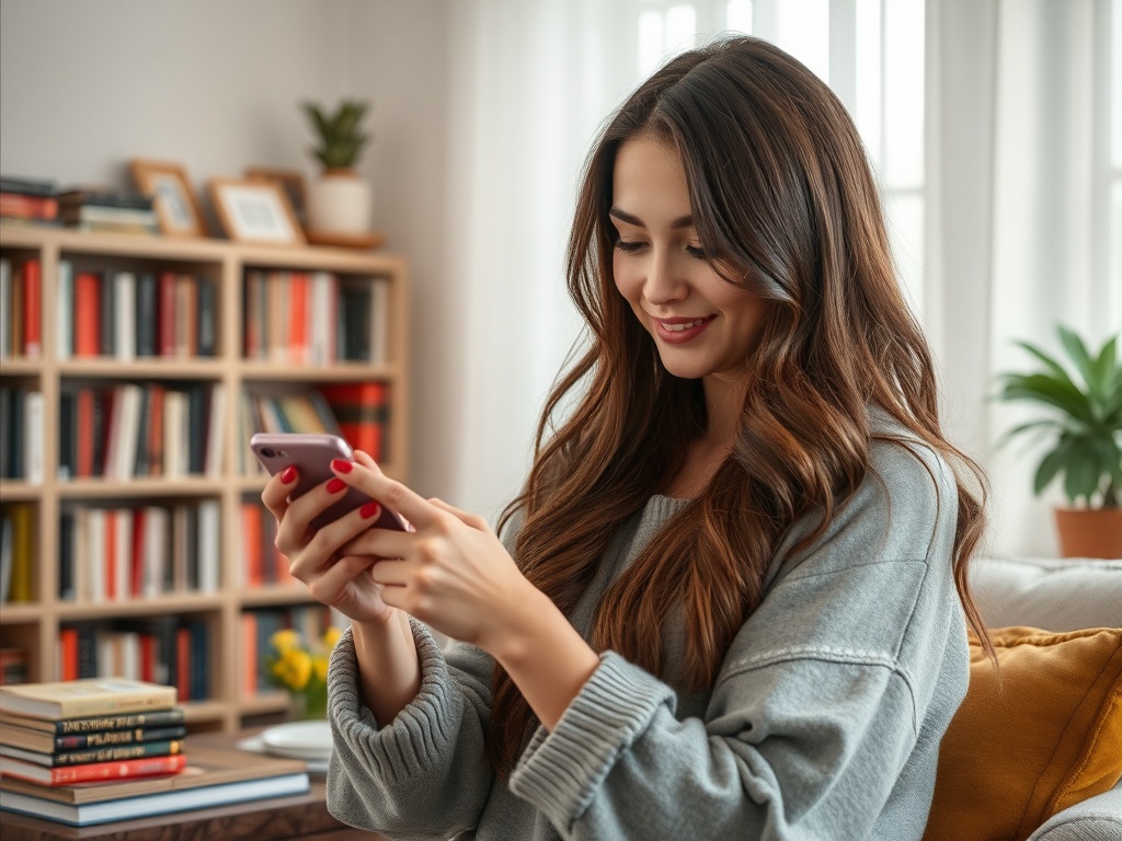 Молодая женщина с длинными волосами сидит в уютной комнате и смотрит на телефон с улыбкой.