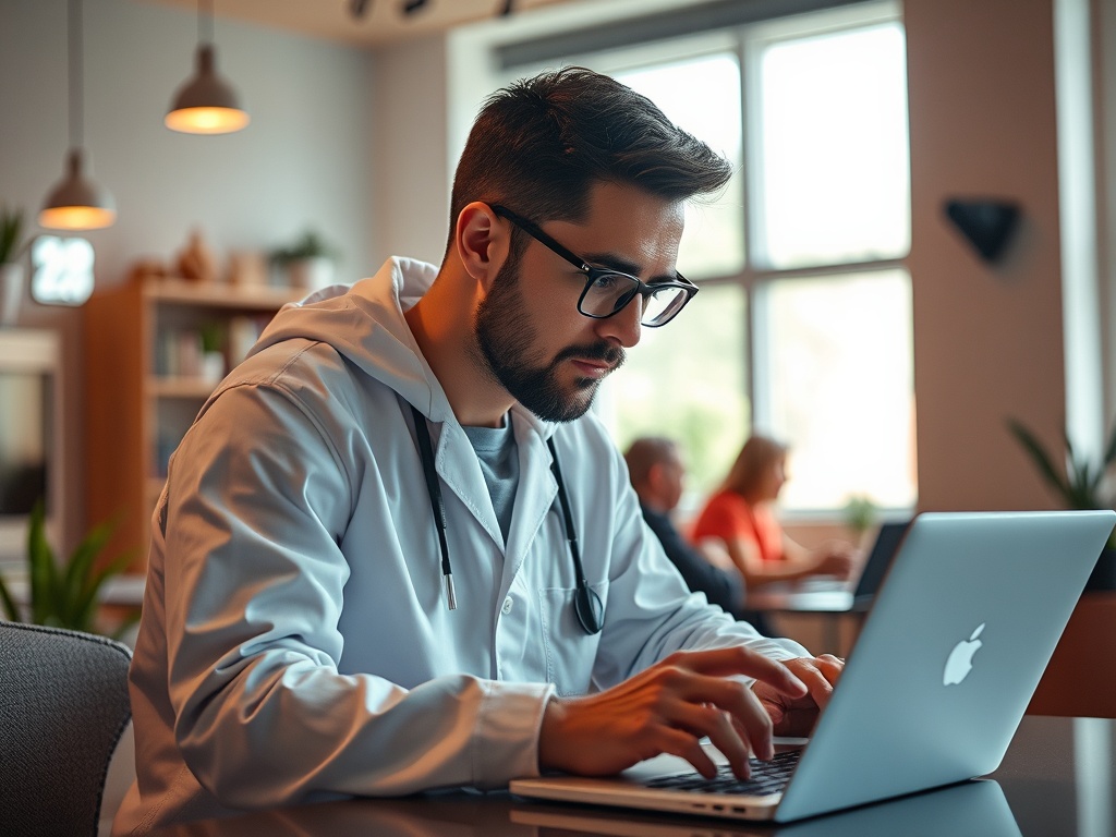 Молодой врач в белом халате работает за ноутбуком в уютном офисе с другими людьми на заднем плане.