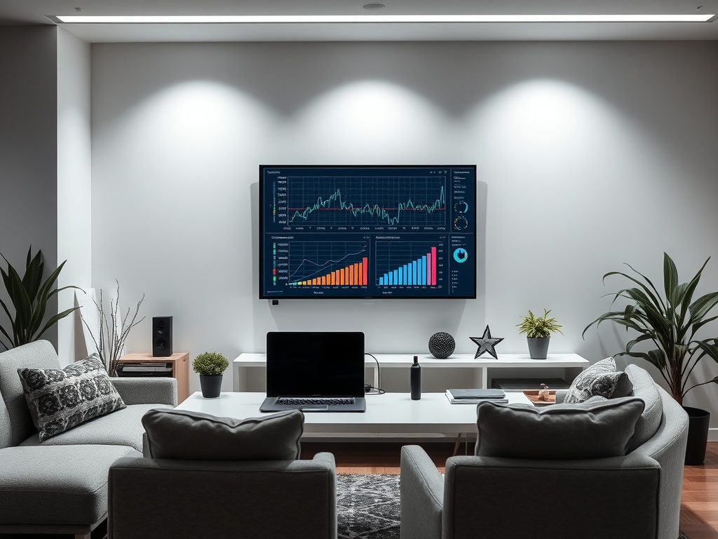 Современная комната с телевизором, показывающим графики, и стильной мебелью. Уютная атмосфера.