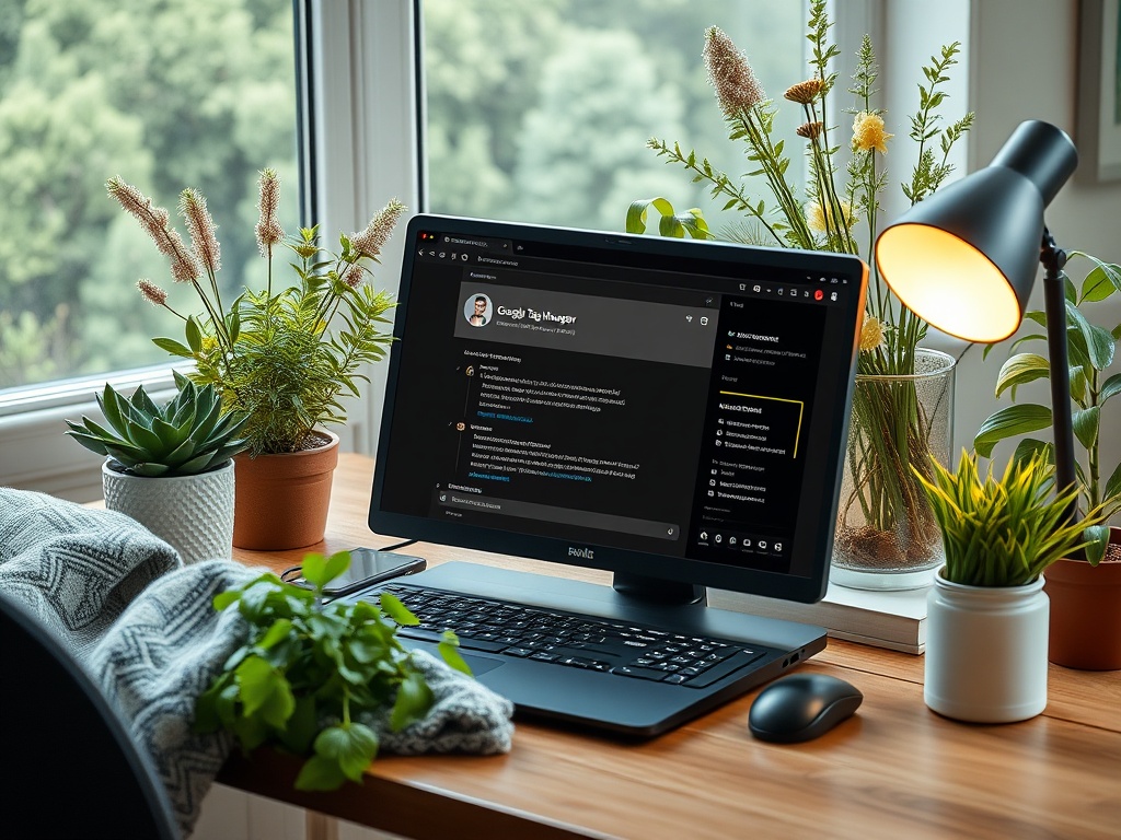 Настольный компьютер и растения на деревянном столе у окна с приятным светом. Чашка и плед рядом.